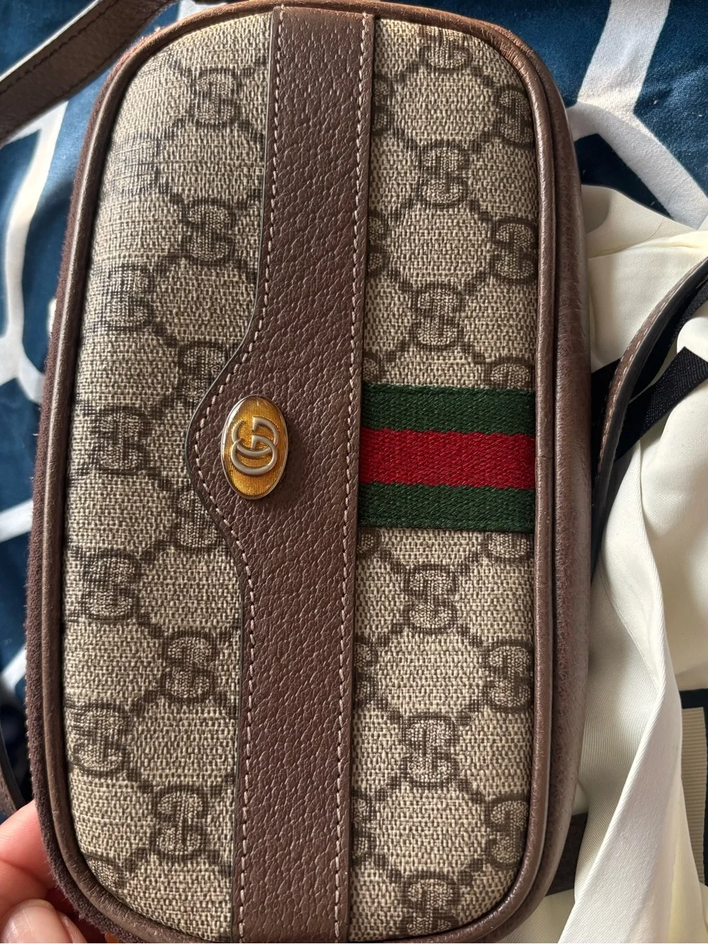 Gucci Brown Signature Canvas Small Crossbody Bag with Red/Green Stripe